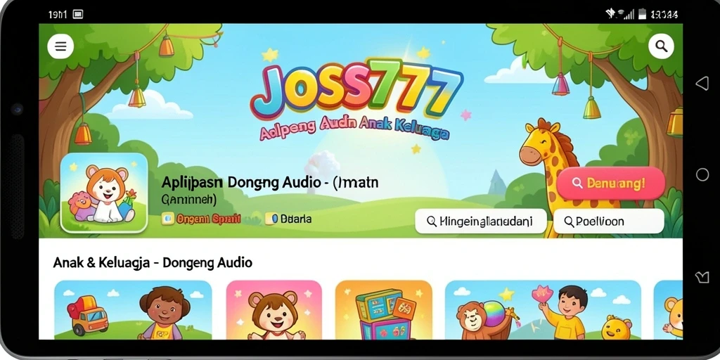 Tampilan antarmuka aplikasi JOSS777 yang menampilkan berbagai cerita audio.